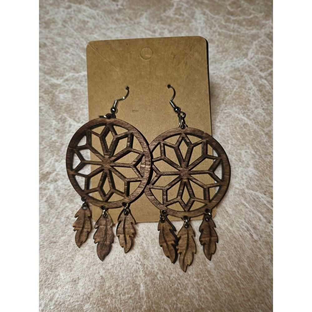 Wooden Laser cut earrings dream catcher feathers brown hook earrings handmade